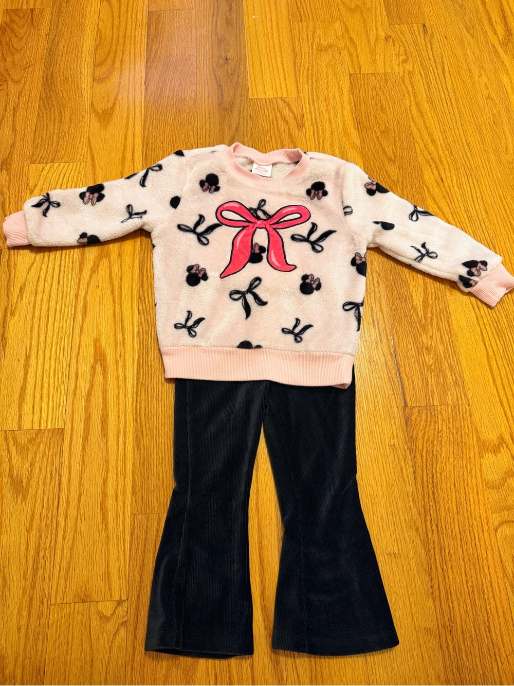 Pink Bow Fleece Sweater with Black Corduroy Pants Set